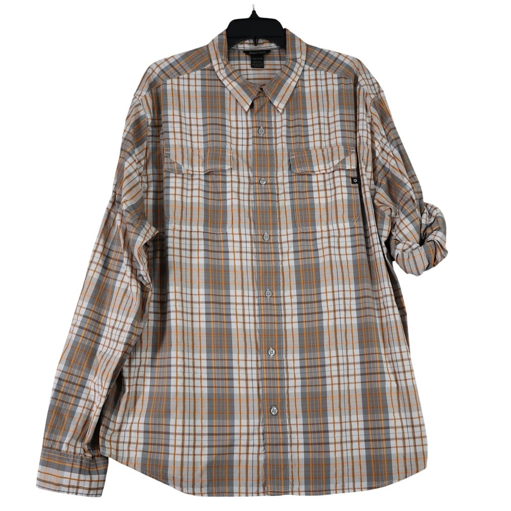 Marmot Plaid Button Up Shirt Mens‎ XXL Orange Grey Pocket Hiking Outdoor Travel